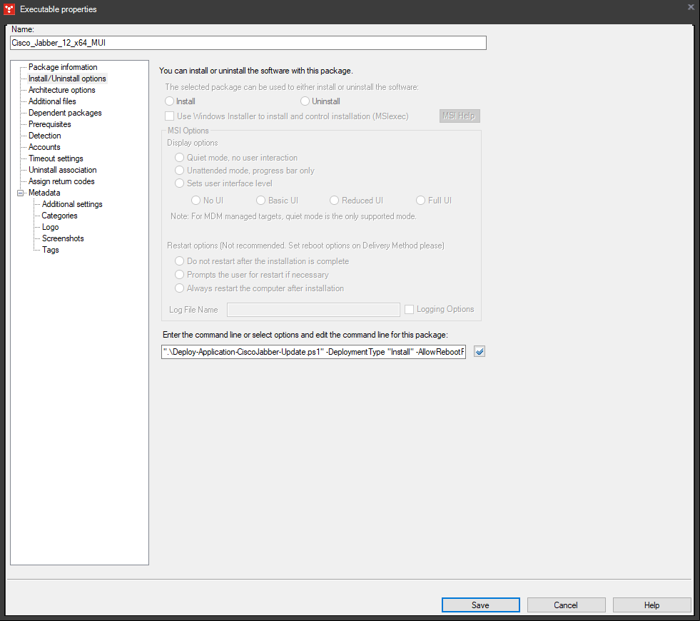 Executable package - Install/Uninstall options